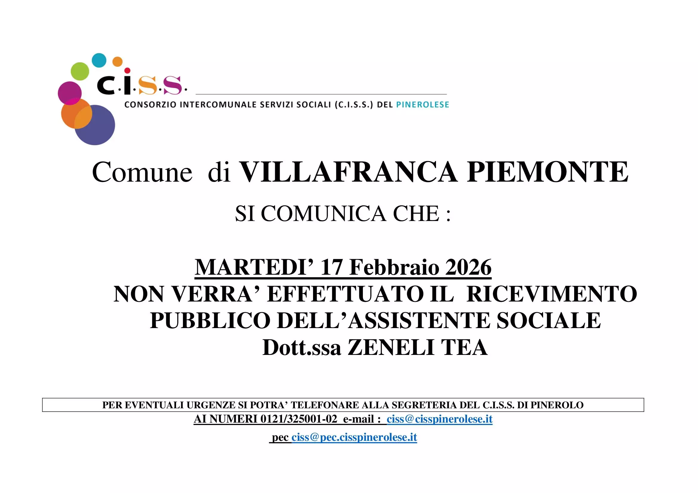 Chiusura Sportello C.I.S.S.